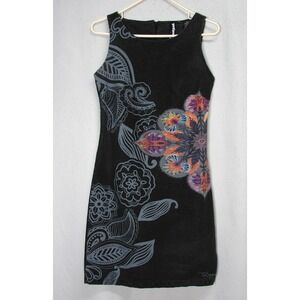 Desigual Charcoal Black Sheath Dress Sleeveless Floral Print Metal Thread Sz 2
